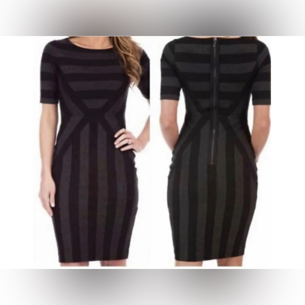 Maeve Black and Gray Striped Midi Dress